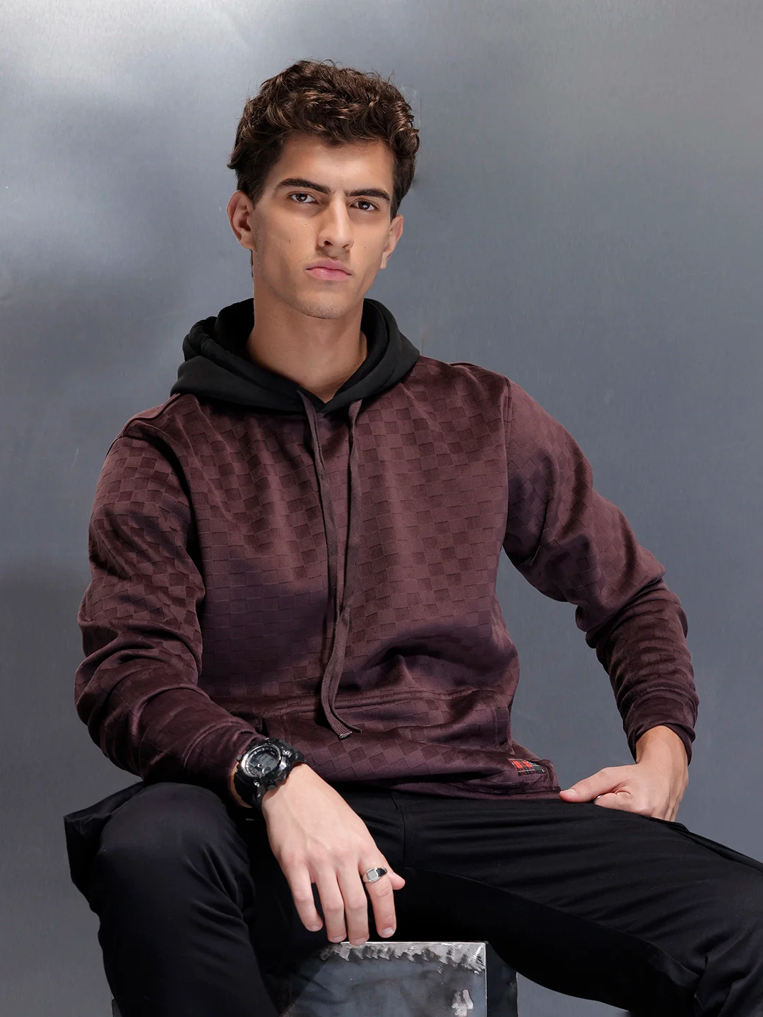 Velvet-finish Check-texture hoodie | Wine