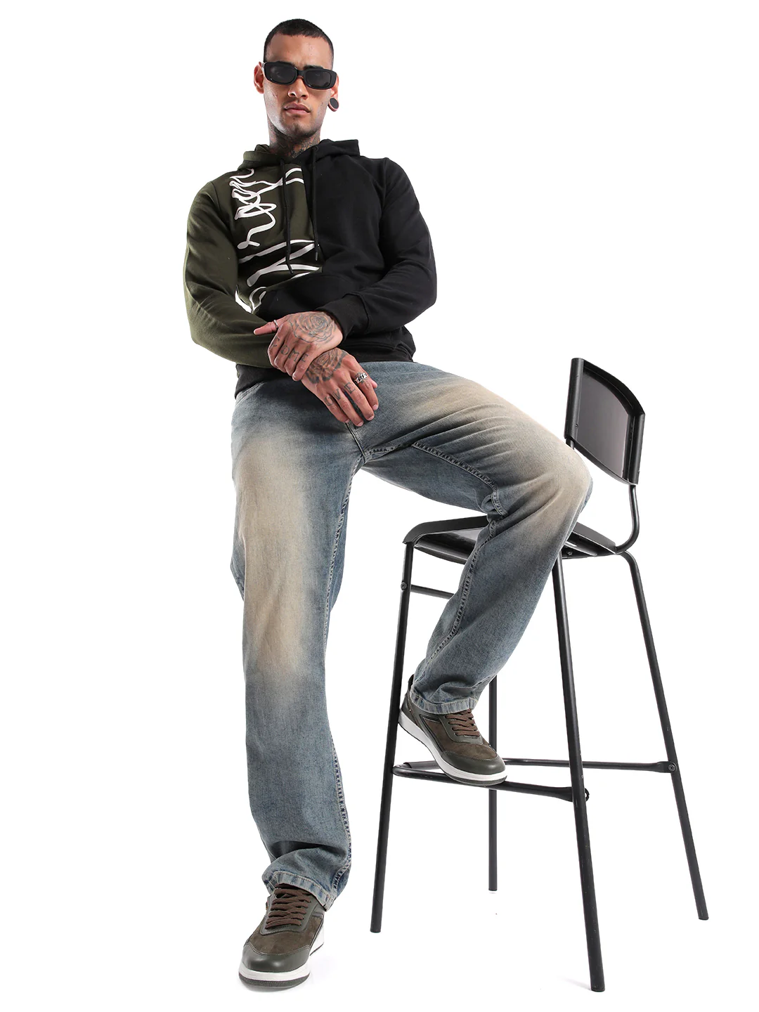 Printed Olive Colour-blocked Hoodie - Image 3