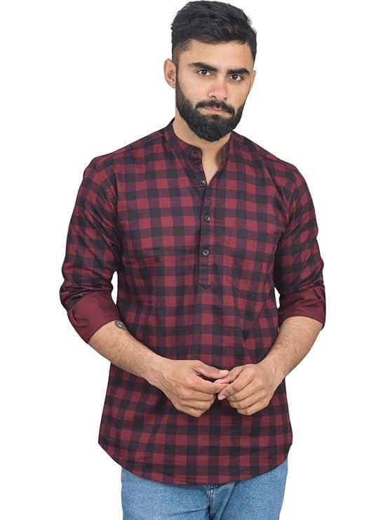 SAAV Mens Small Check Full Sleeve Short Kurta