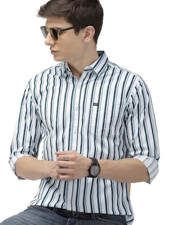 Men's Cotton Slim Fit Multi Striped Full Sleeves Cutaway Collar Casual Shirt