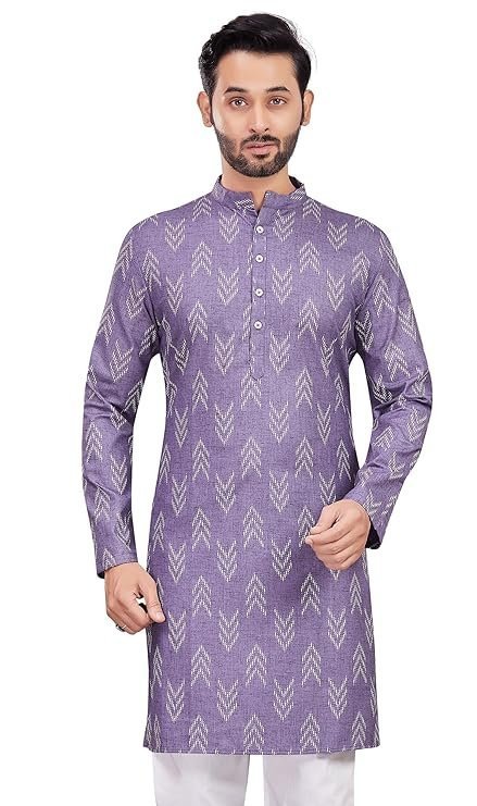 Studio Shringaar Men's Cotton Blend Relaxed Fit Ikat Printed Knee Length Kurta