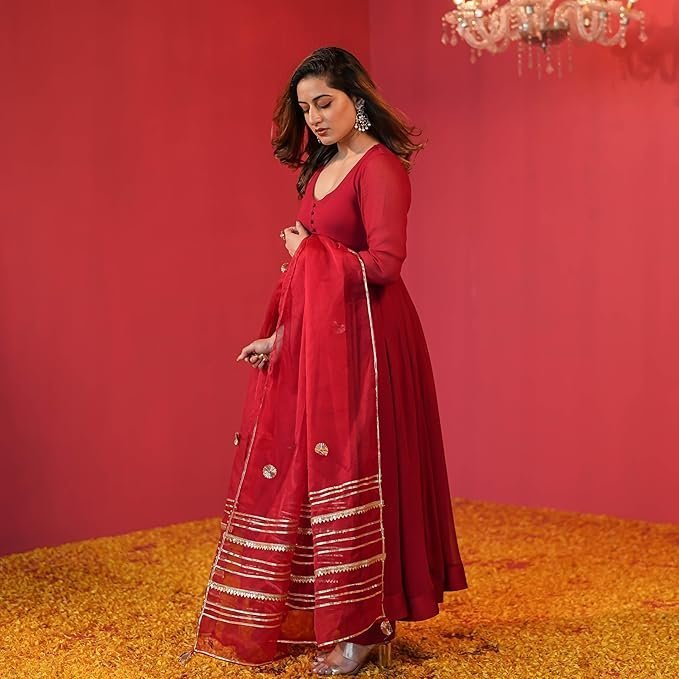 GoSriKi Women's Rayon Blend Anarkali Solid Kurta with Pant & Dupatta - Image 2